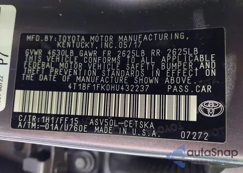 2017 Toyota Camry Se from USA, damaged, VIN 4T1BF1FK0HU432237